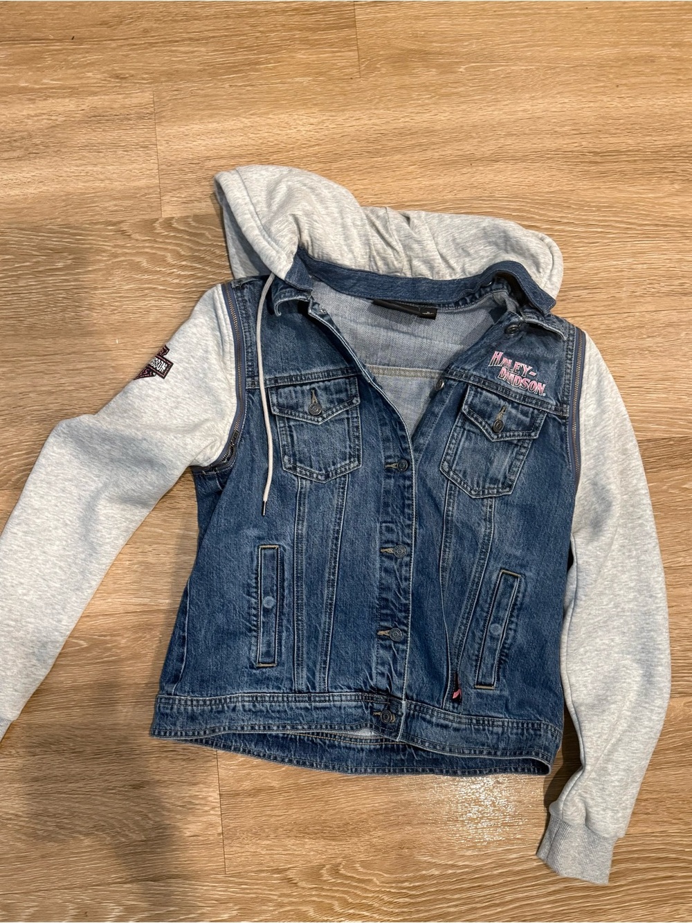 Harley-Davidson Blue Denim Jacket with Gray Hoodie Sleeves